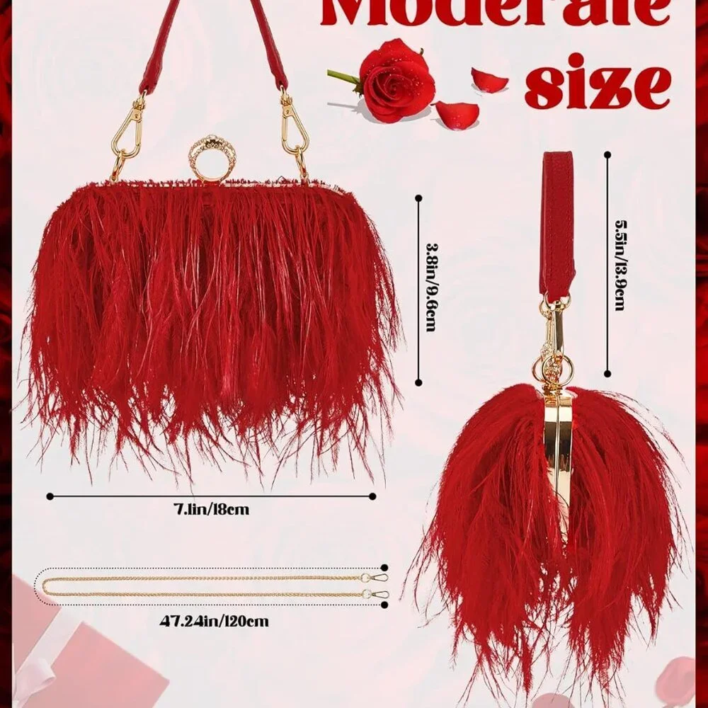 Women Ostrich Feather Tote Bag Fluffy Purse Clutch Feather Evening Handbag for W